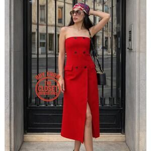 ZARA Red Midi Dress with Front Slit NWT Strapless Sizes S–M